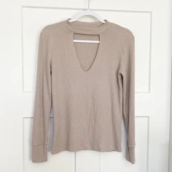 LNA Bardot Ribbed Long Sleeve Tee Choker Keyhole Cutout Neck Oat Beige Sz Small - Picture 5 of 11